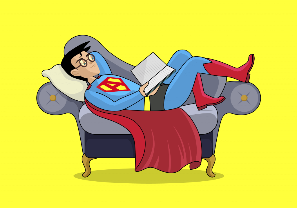 superheroe leyendo su libro